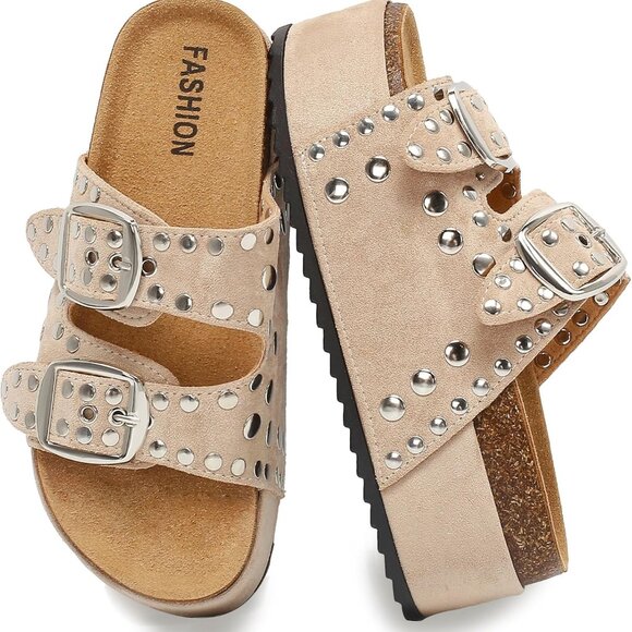 Shoes - Women's Cork Platform Sandals Suede Thick Sole Adjustable Double Buckle